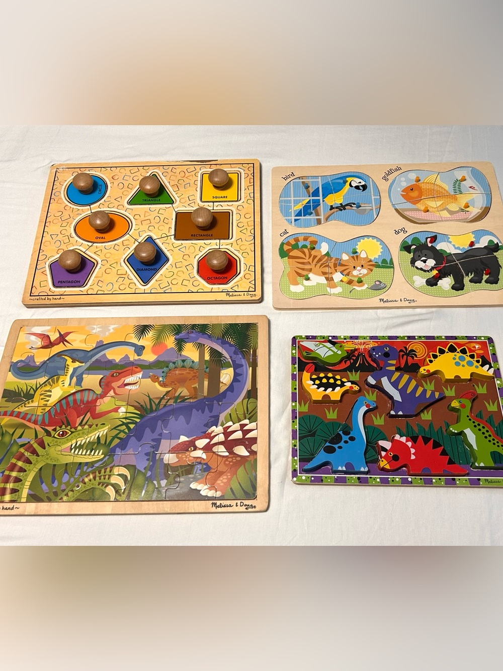 4 Melissa & Doug Kids Wooden Puzzle Set - Colorful Dinosaur & Shape Puzzles